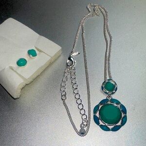 AVON Signed SAQ Faux Turquoise Blue Enameled Pendant Necklace and Earring.